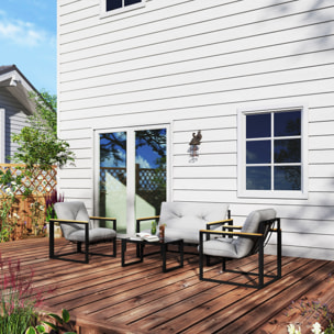 Ensemble salon de jardin 4 places 4 pièces coussins gris acier époxy noir plastique effet bois