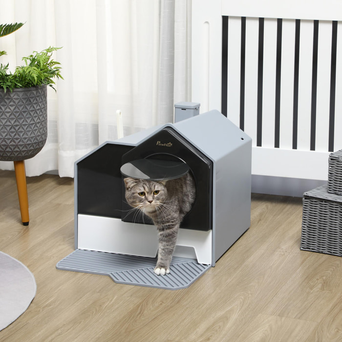 Maison de toilette chat design maison - bac à litière - tapis, poignée, pelle, filtre, tiroir inclus - PP blanc noir gris