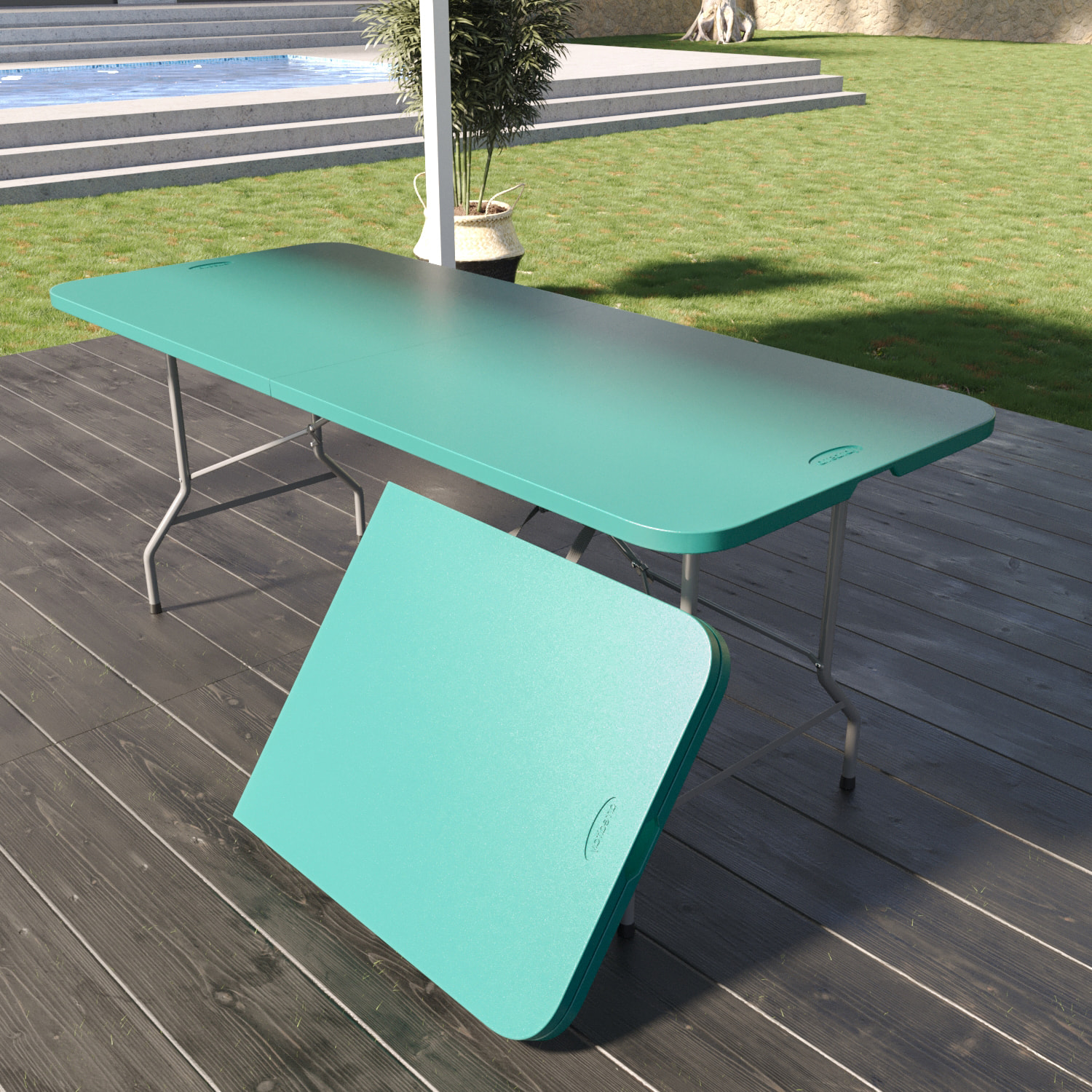 Tavolo Tavolino Pieghevole In Dura Resina Set Birreria Facile Trasporto Con Maniglie Per Giardino Campeggio Terrazzo Fiere 180x74x74 cm Verde Tiffany