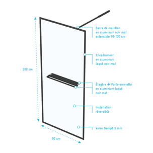 Paroi de Douche Noir Mat 90x200cm - Porte-serviette et étagère - DARK CONTOURING SHELF