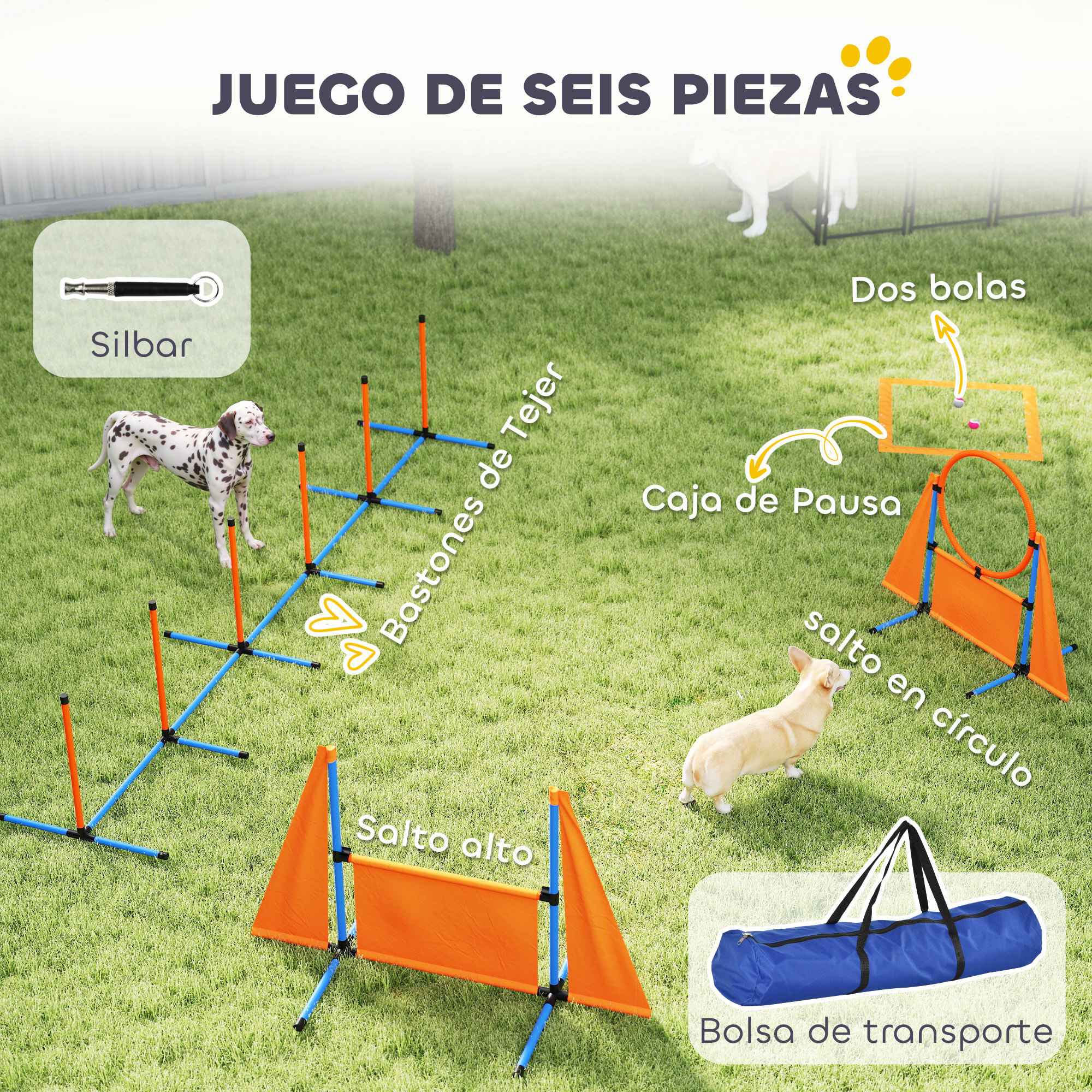 Set de Entrenamiento de Agilidad para Perros de 6 Piezas Juego de Agilidad para Perros con Piquetes para Slalom Zona de Reposo Valla Anillo de Salto y Pelotas Naranja