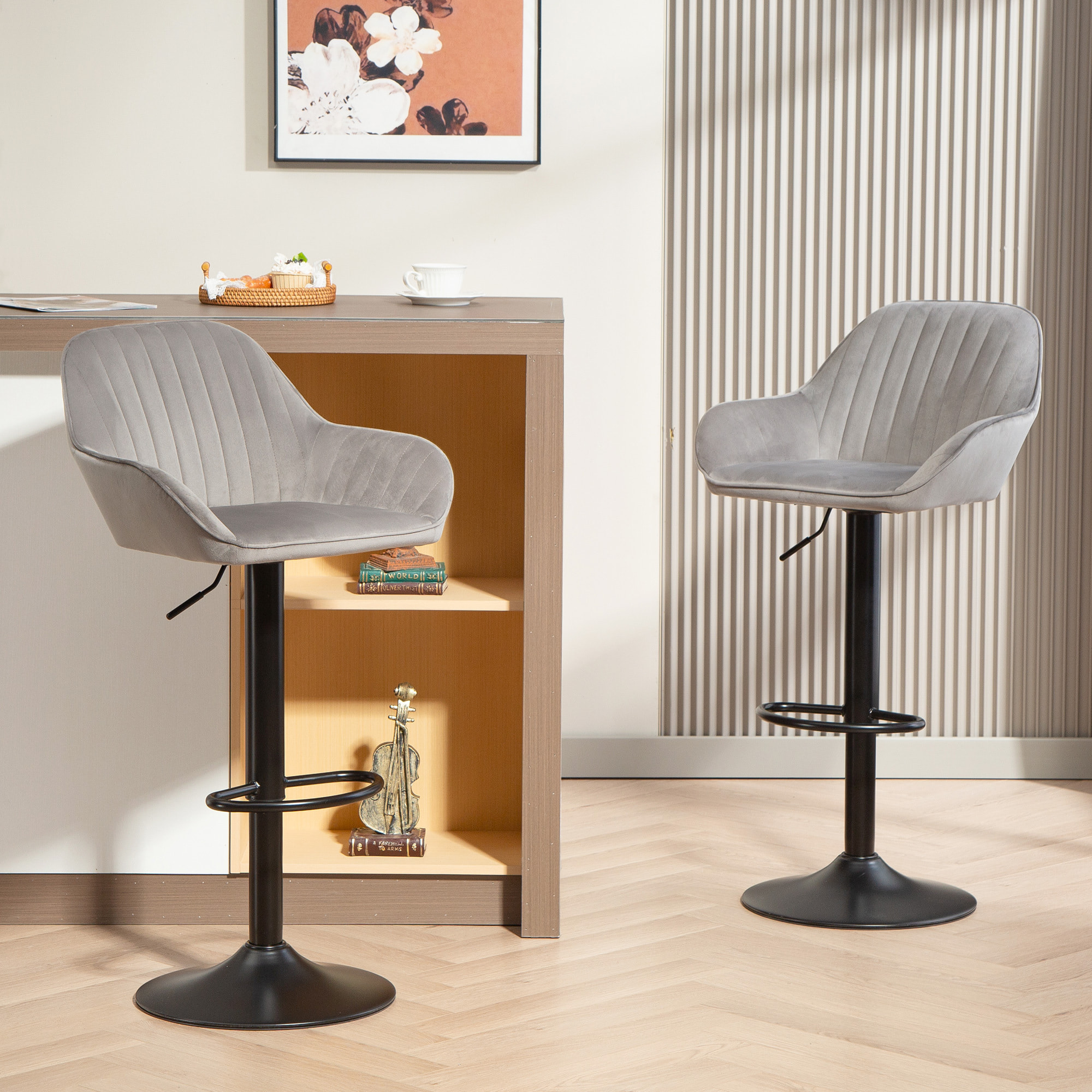 Juego de 2 Taburetes de Bar Giratorios, Taburetes Altos de Cocina con Altura Ajustable 62-83 cm, Sillas Altas de Cocina, Tapizada en Terciopelo, Respaldo y Reposapiés, Gris
