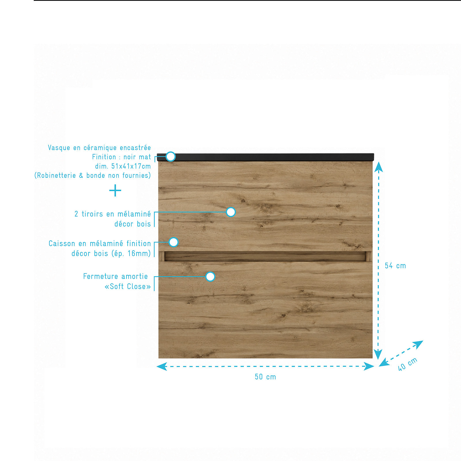 Pack Meuble Salle de Bains 50cm Chêne Naturel 2 Tiroirs avec Vasque Céramique Noire - TIMBER