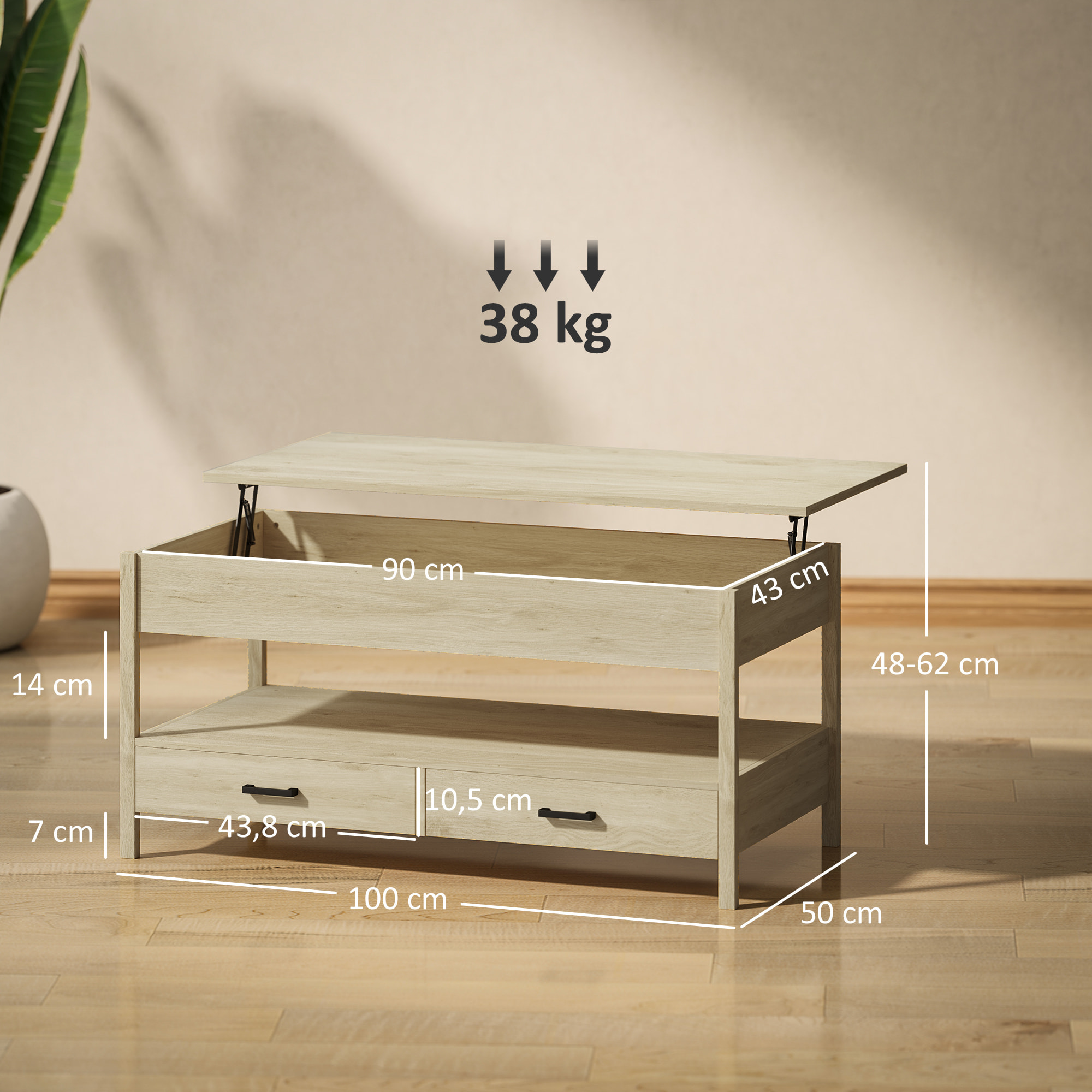 Mesa de Centro Elevable Mesa de Café con Encimera Elevable Espacio Oculto de Almacenaje Cajones y Estante Abierto 100x50x48-62 cm Roble