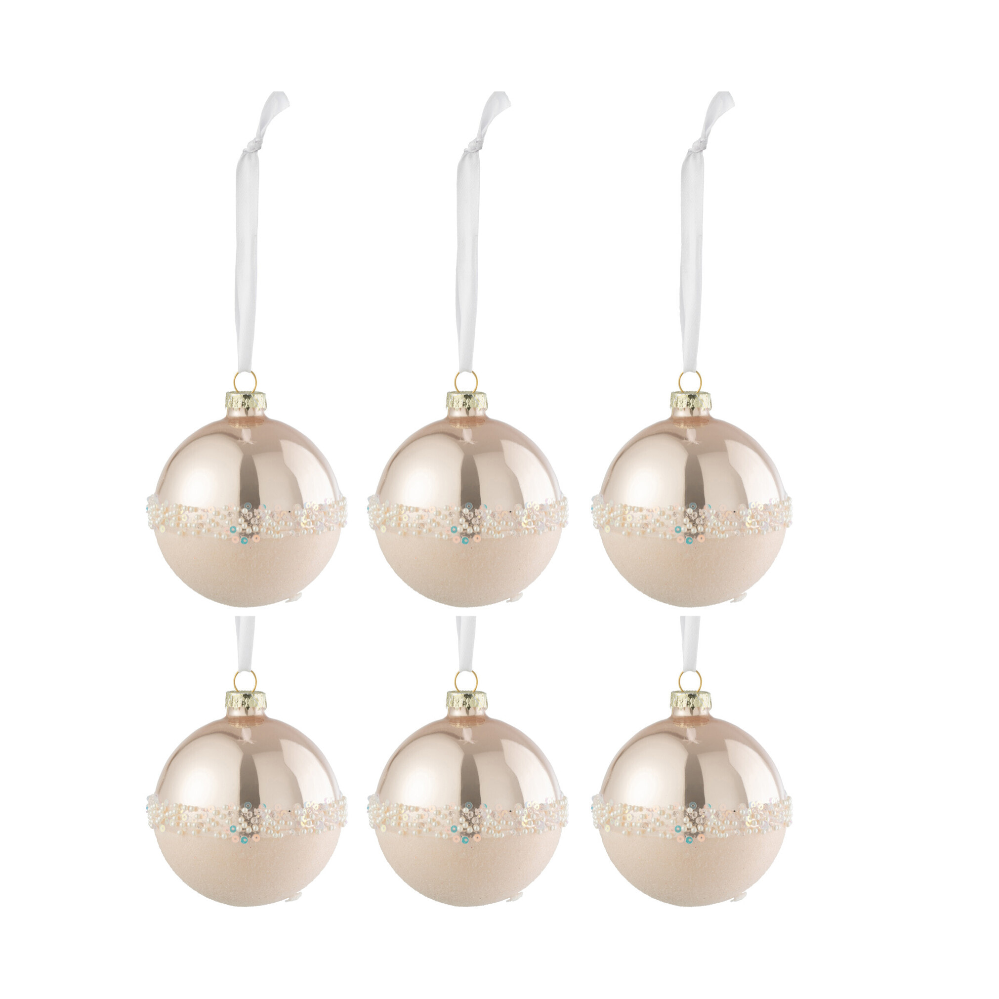 J-Line boule de Noël Ligne Paillettes - verre - mat/brillant rose clair - small - boîte de 6