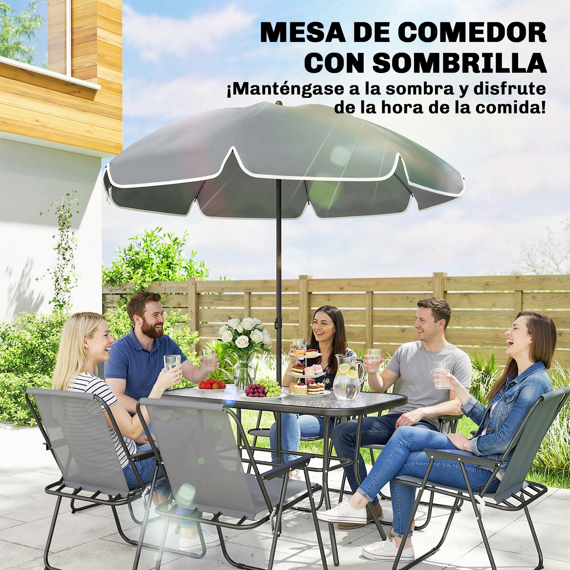 Conjunto de Mesa y Sillas Jardín de 8 Piezas, Muebles de Jardín Exterior con Sombrilla, 6 Sillas Plegables, Mesa de Vidrio Templado, para Terraza, Patio, Gris