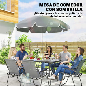 Conjunto de Mesa y Sillas Jardín de 8 Piezas, Muebles de Jardín Exterior con Sombrilla, 6 Sillas Plegables, Mesa de Vidrio Templado, para Terraza, Patio, Gris