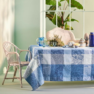 Nappe pur coton enduit motif jacquard bleu Mille rameaux bleu