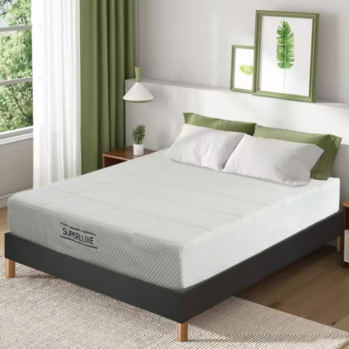 Ensemble Matelas Superluxe avec son sommier | Mémoire de forme Thermo-viscoélastique alvéolée | Cadre à lattes | Tissu | Gris foncé