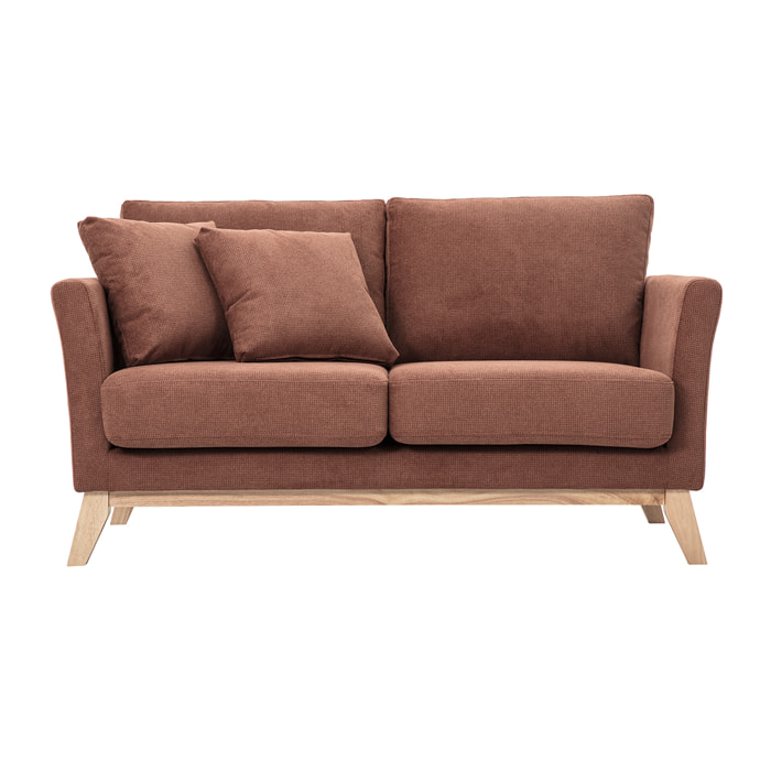 Canapé scandinave déhoussable 2 places en tissu chenille terre brûlée et bois clair OSLO