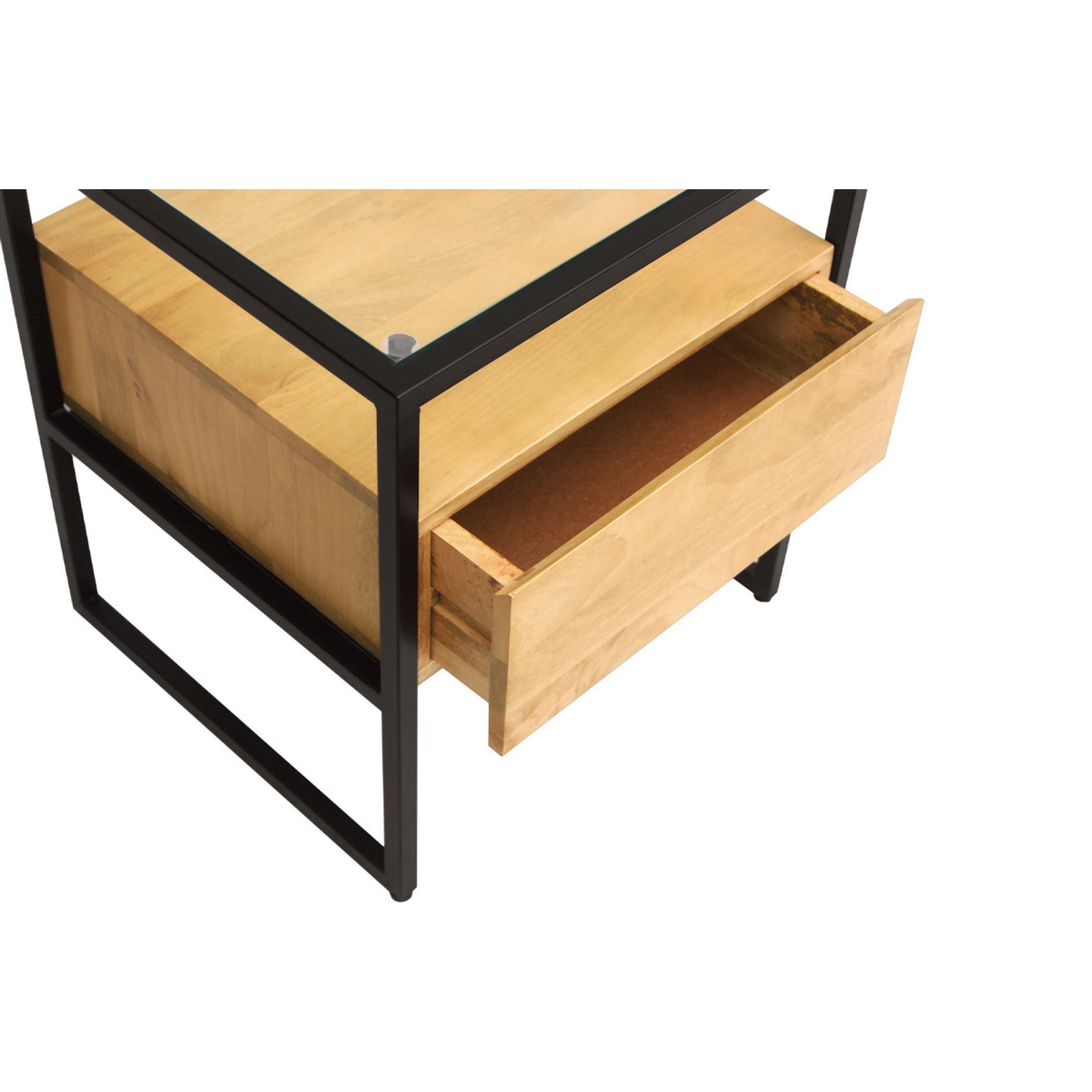 Table de chevet avec tiroir en bois manguier massif, verre et métal noir DIYA