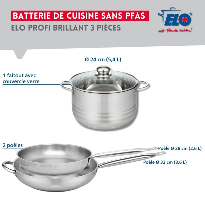 Ensemble de 2 Poêles de cuisson 28 et 32 cm et 1 faitout 24 cm Elo Profi Brillant