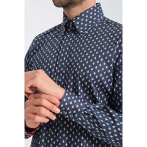 Camicia Uomo 2 Bottoni Button Down Slim Popeline Stretch Stampato Blu\Rosso