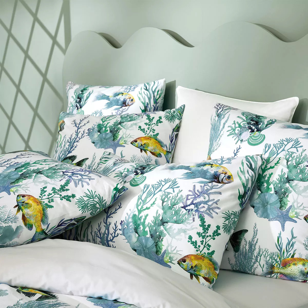 Lot h.couette +taies percale de coton imprimé bleu blanc Naia blanc