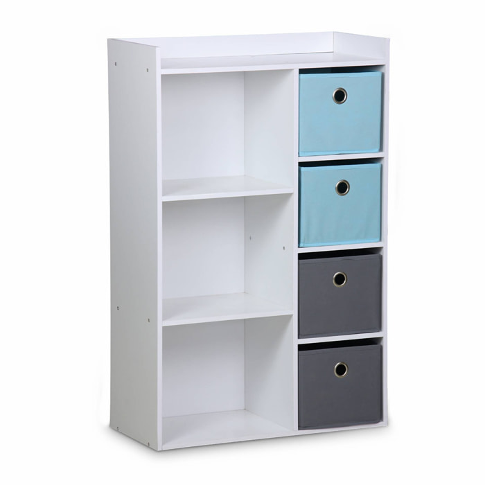 Meuble de rangement pour enfant. blanc - Camille - avec 7 compartiments et 4 paniers gris et bleus