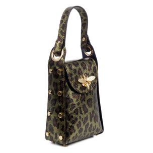Alviano bolso de mano mujer. Piel auténtica Gamuza con estampado animal print leopardo lacada brillante.