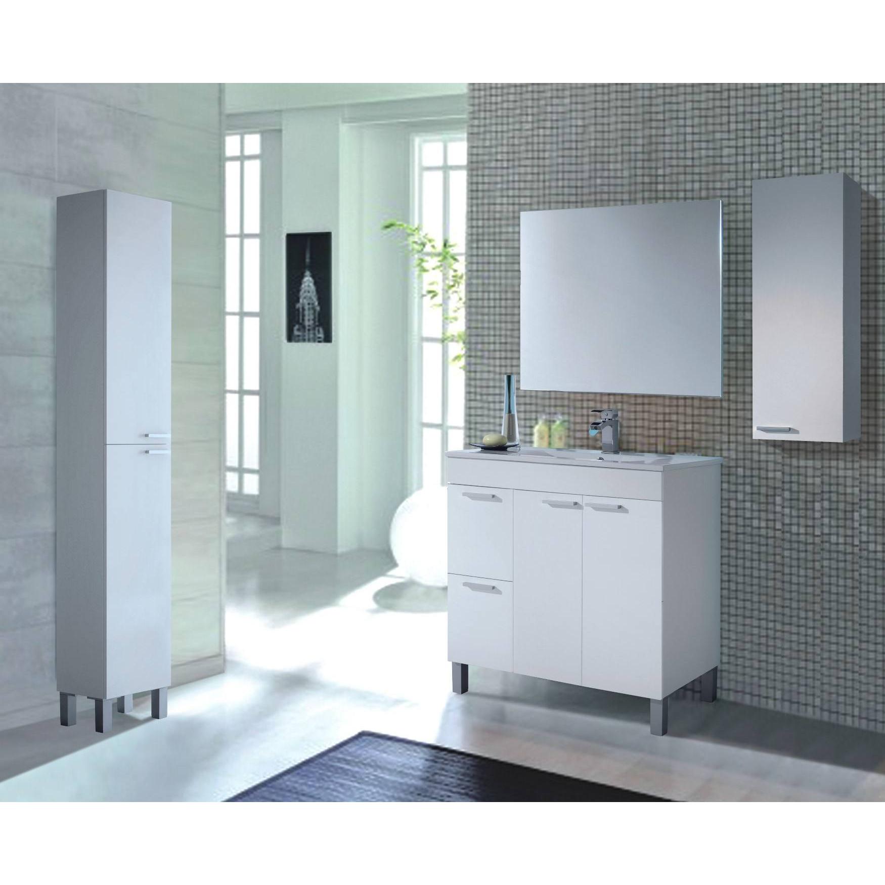 Colonna bagno Torrance, Mobile a colonna per bagno a 1 anta, Armadio pensile sospeso con 1 ripiano, cm 30x25h85, Bianco lucido