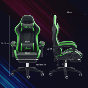 Silla Gaming Ergonómica Reclinable 135°, Silla Gamer Racing de Cuero PU con Soporte Lumbar, Altura Ajustable, Reposacabezas y Reposapiés Retráctil, para Oficina, Estudio, Negro y Verde