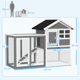 Conejera de Madera de 2 Niveles Jaula para Conejos con Zona Abierta Techo Asfáltico Bandeja Extraíble y Rampa Conejera para Exterior 122x62,6x92 cm Gris