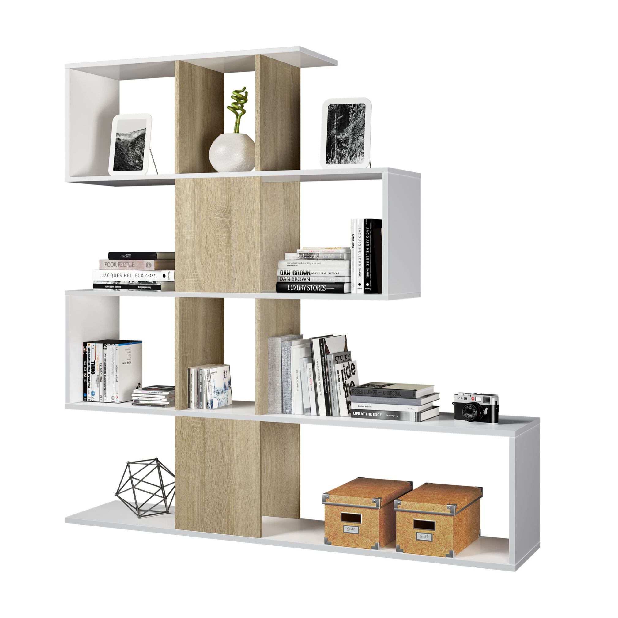Libreria Design Zig Zag Scaffale Mensola Moderna Bianca Rovere Mobile per Libri con Ripiani per Soggiorno Salotto 145 x 145 x 29 cm Bianco Rovere