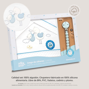 Triptico Cuna Cigueña Oso + Broche Bco/Azul