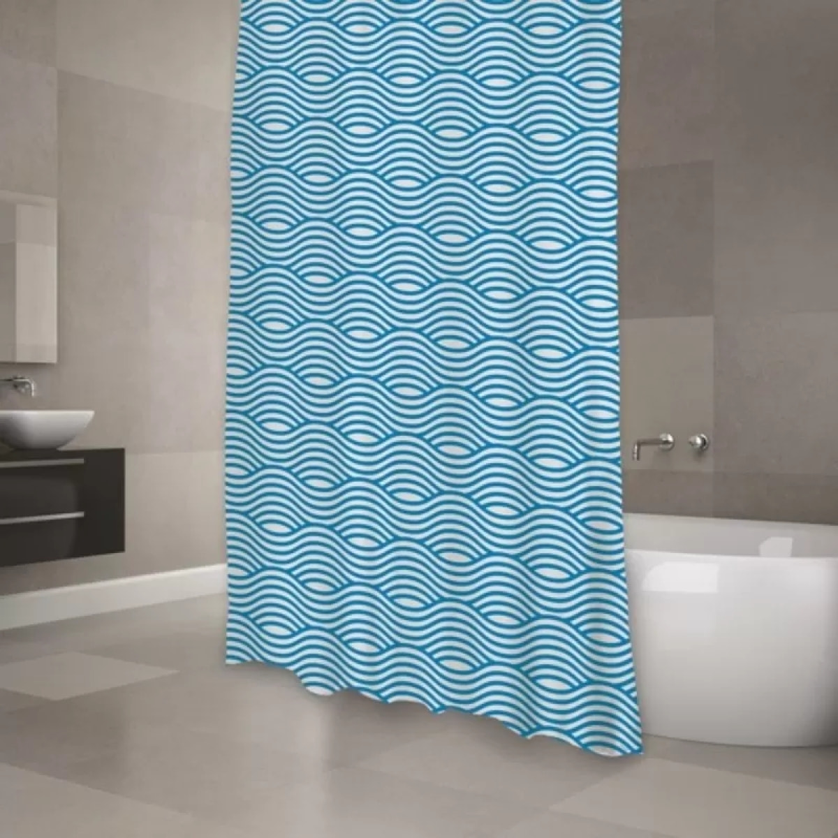 MSV Rideau de douche Polyester WAVE 180x200cm QUALITE PREMIUM Bleu - Anneaux inclus
