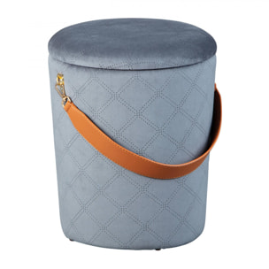 Pouf secchiello contenitore in velluto e maniglia in ecopelle, colore grigio, cm 35x35x45