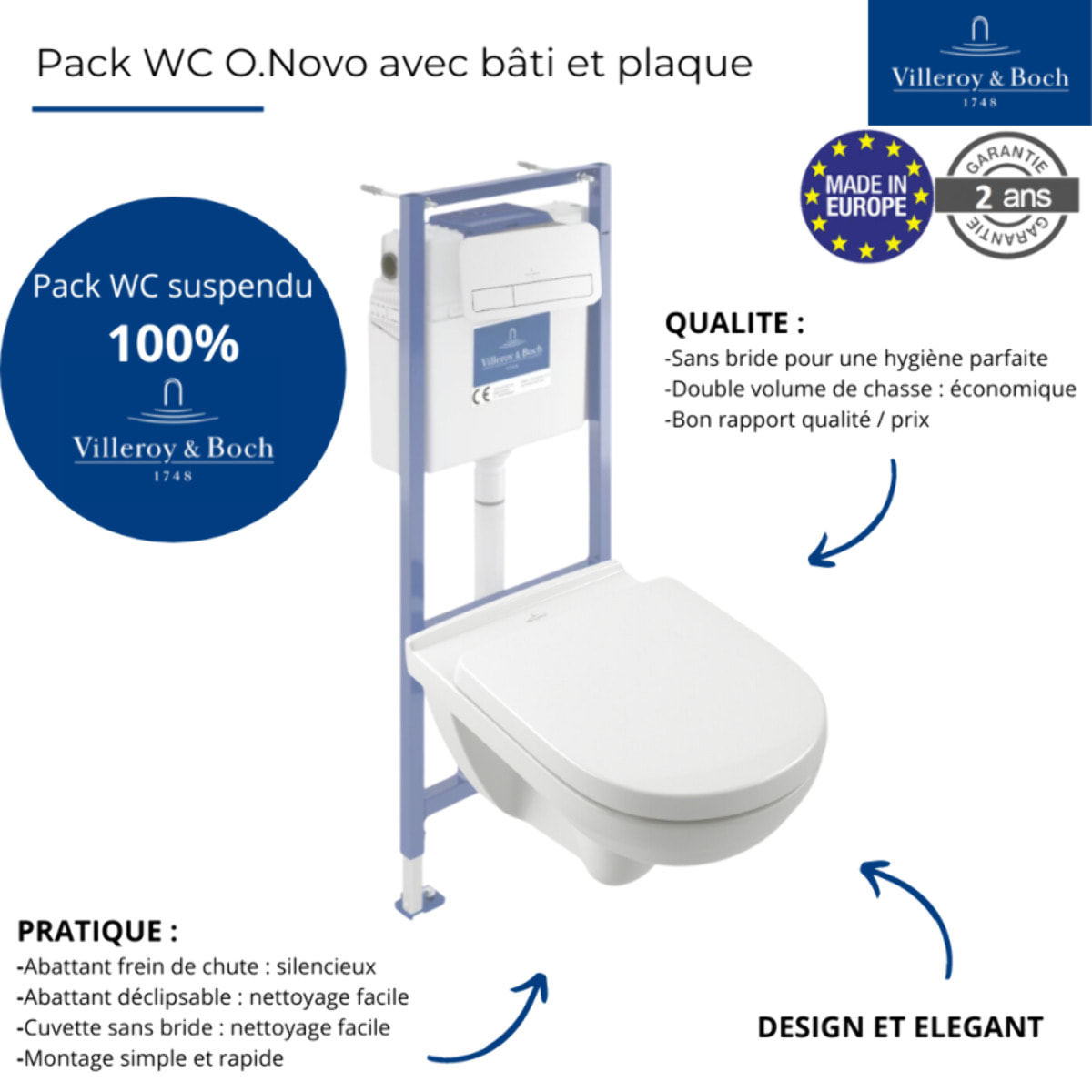 Pack WC sans bride O novo avec abattant frein de chute + bâti Viconnect PRO + plaque blanche  + Tabouret bois