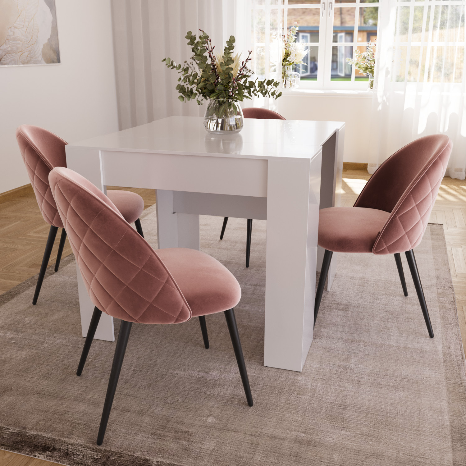 Set di 4 Sedie Imbottite Da Pranzo In Velluto Sedia Gambe In Metallo Nero Schienale Soggiorno Salotto Camera 43 x 47.5 x 80 Cm (Rosa)