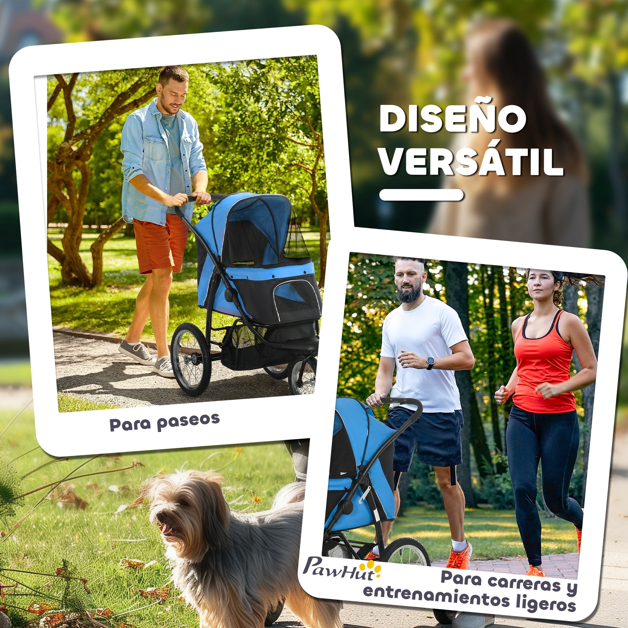 PawHut Carrito para Perros Plegable Cochecito para Mascotas Carrito para Perros Medianos Pequeños con Cesta de Almacenaje Capota Ajustable Ventana de Malla y 3 Ruedas Grandes 111x58x107 cm Azul