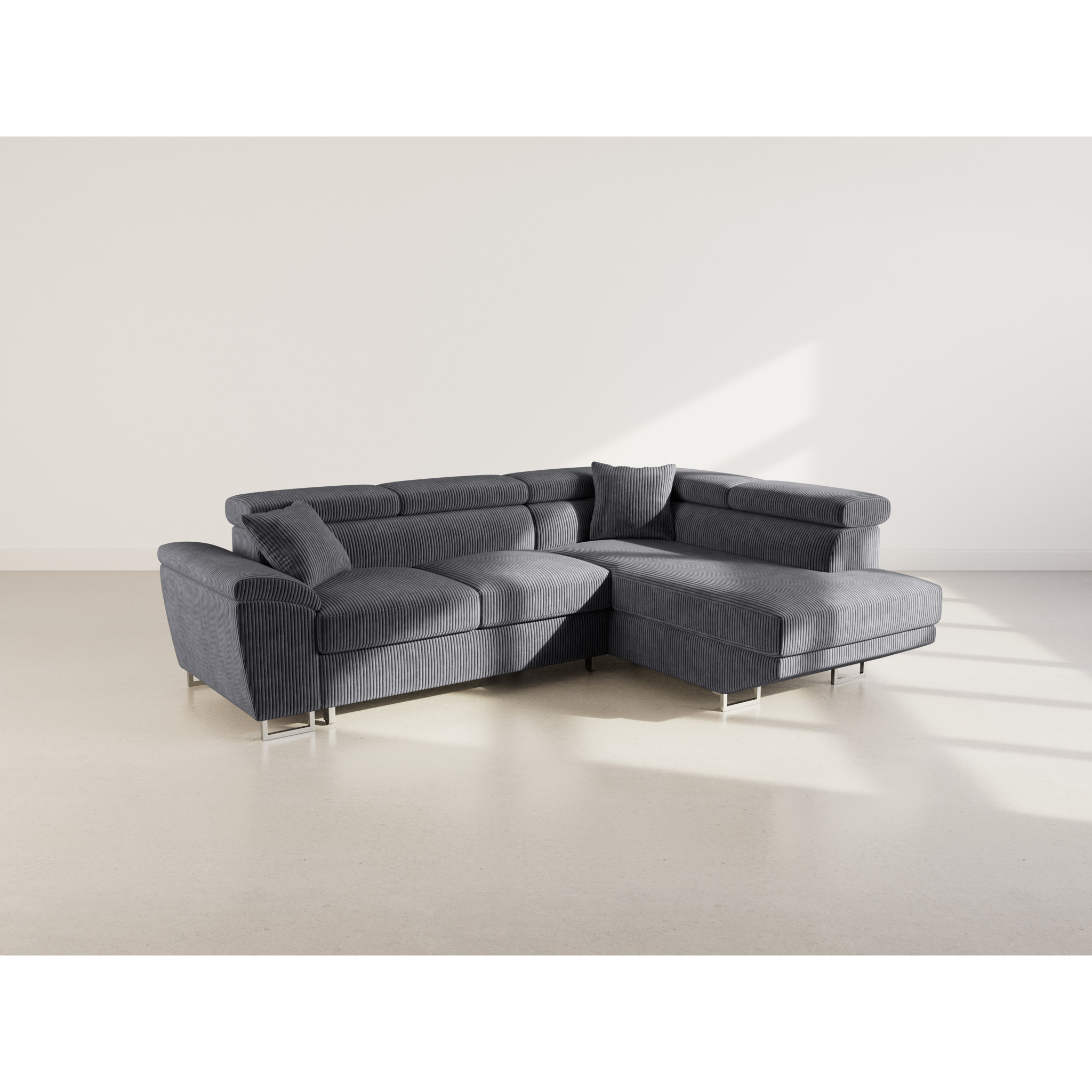 Baoji - Canapé d'angle droit 5 places convertible avec têtières et coffre en velours côtelé - Gris