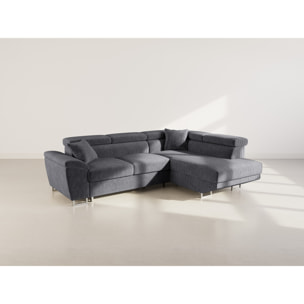 Baoji - Canapé d'angle droit 5 places convertible avec têtières et coffre en velours côtelé - Gris