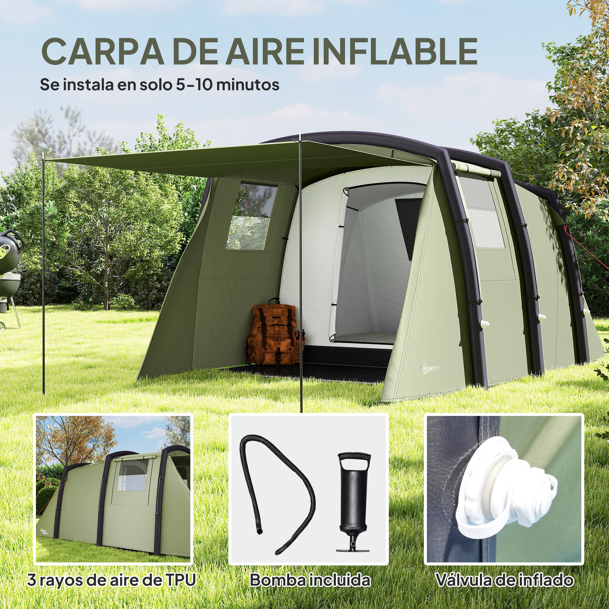 Tienda de Campaña Inflable Familiar Tipo Túnel para 3–6 Personas Tienda de Campaña Glamping con Vestíbulo Ventanas de Malla y Bolsa de Transporte Protección UV 50+ Impermeable Verde Oliva