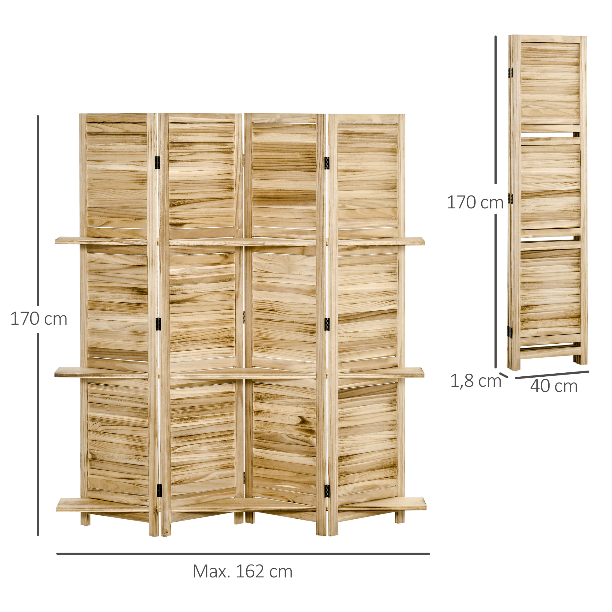 Paravent intérieur 4 panneaux 3 étagères pliables séparateur de pièce portes persiennes bois de paulownia aspect pin autoclave