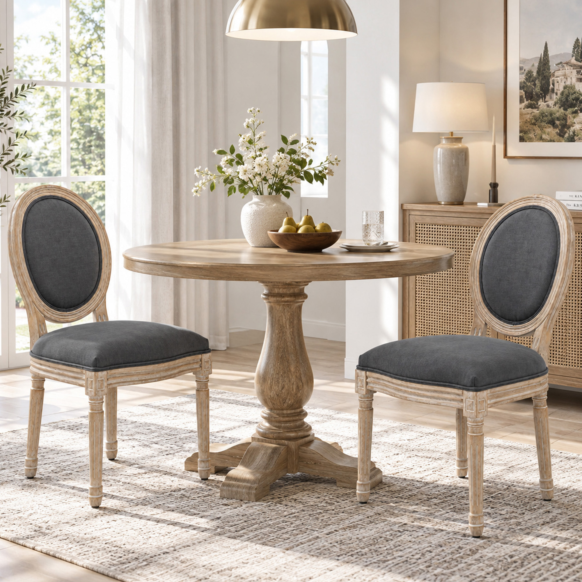 Lot de 2 chaises de salle à manger - chaise de salon médaillon style Louis XVI - bois massif sculpté, patiné - aspect lin gris