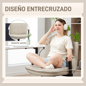 Silla de Oficina Piernas Cruzadas, Silla de Escritorio con Reposabrazos Abatible, Asiento Ancho, sin Ruedas, Altura Ajustable, Giratoria, Función Basculante, Tapizada en Lino, Crema