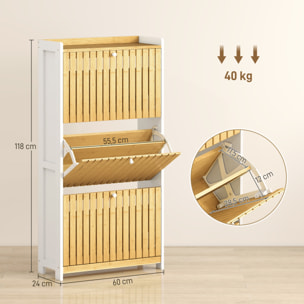 Zapatero Estrecho con 3 Puertas de Bambú con Listones Zapatero Entrada Recibidor con Estantes Ajustables para 18 Pares de Zapatos 60x24x118 cm Blanco y Natural