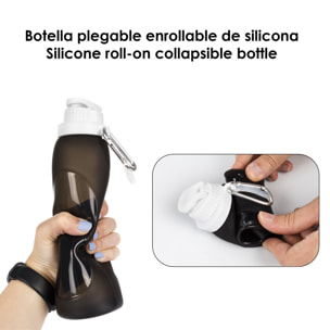 Bottiglia pieghevole arrotolabile da 500ml, in silicone di grado alimentare. Con moschettone.