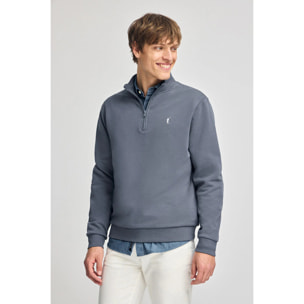 Felpa blu denim con mezza cerniera e ricamo Rigby Go