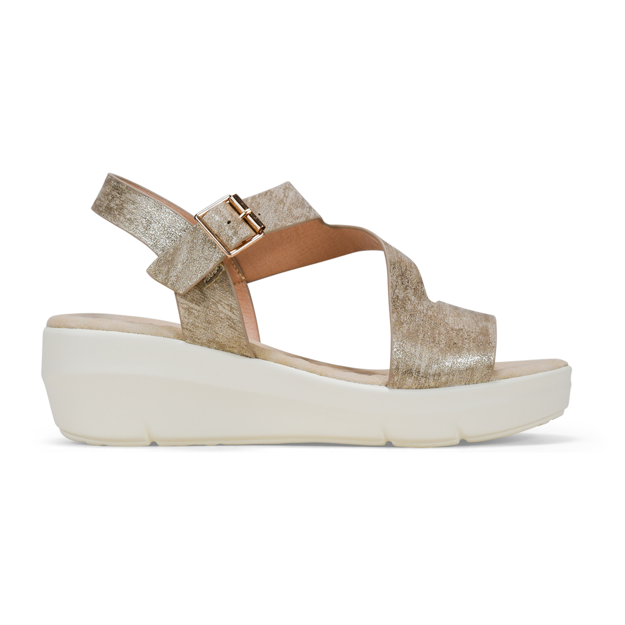 Sandalias de cuña doradas con hebilla