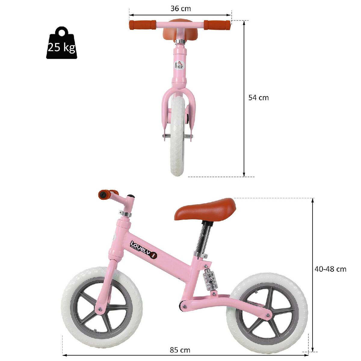 Draisienne enfant roues 12'' suspension selle hauteur réglable acier rose