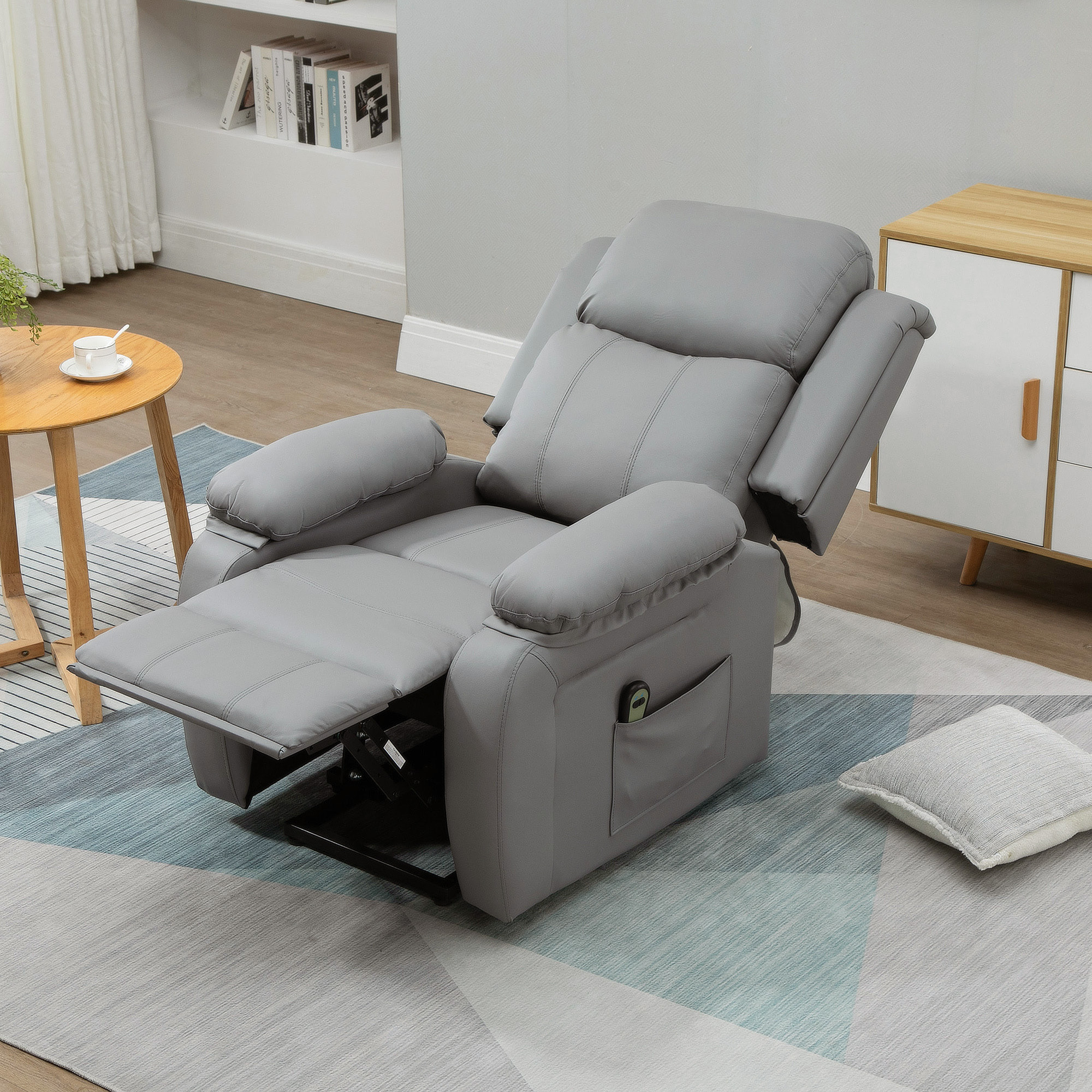 Sillón Relax Levanta Personas Auto-Ayuda con Control Remoto Reclinación Eléctrica 160° Reposapiés Respaldo Tapizado en PU y Bolsillos Laterales 76x90x105 cm Gris