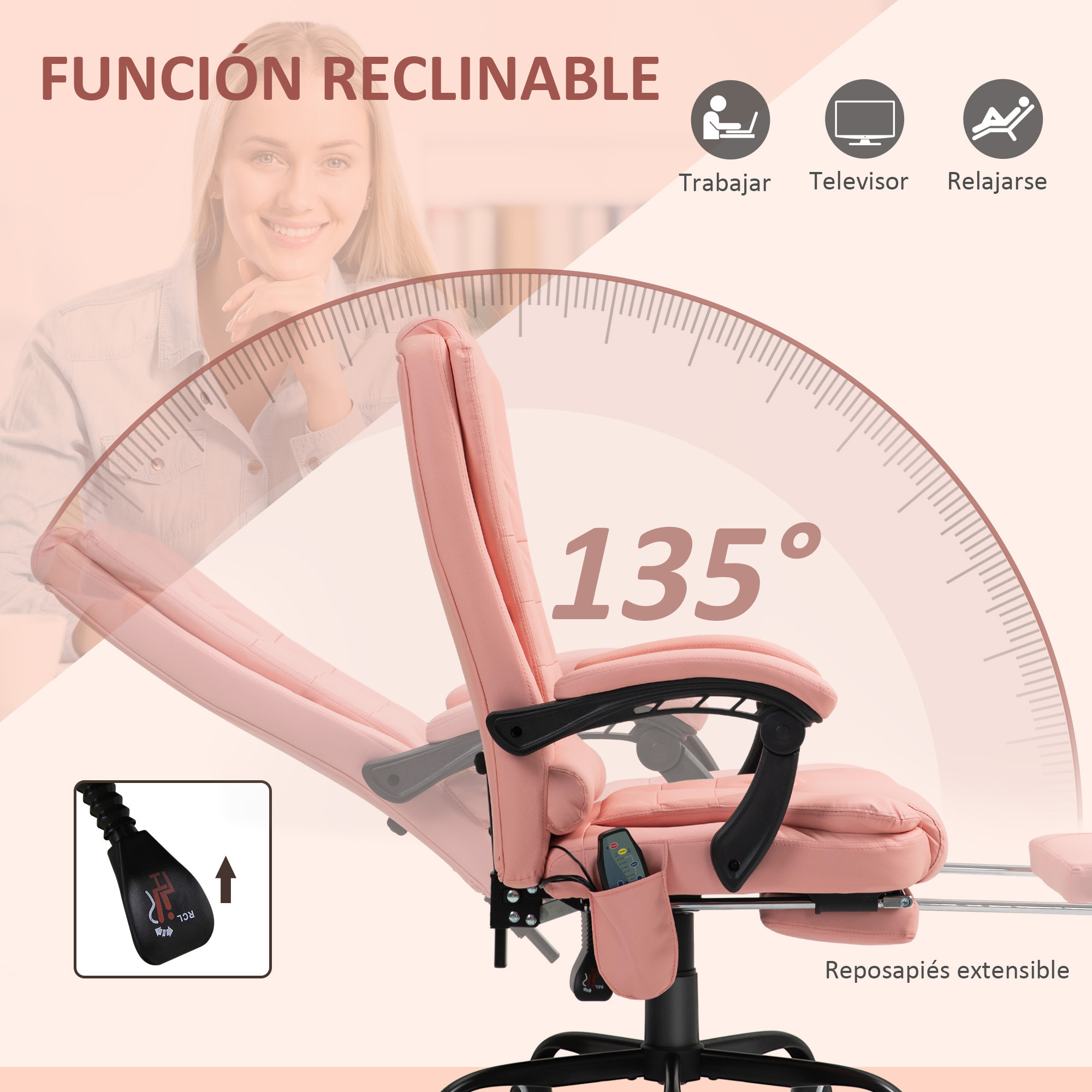 Silla de Oficina con 7 Puntos de Masaje Silla de Masaje Giratoria Silla de Escritorio con Reposapiés Retráctil Altura Ajustable Control Remoto y Tejido de PU Rosa