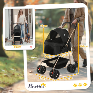 Carrito para Perros Plegable 3 en 1 Cochecito para Mascotas Carrito para Perros Miniatura con Cesta de Almacenaje Ventana de Malla Portavasos y 2 Ruedas Universales 76x50x102 cm Negro