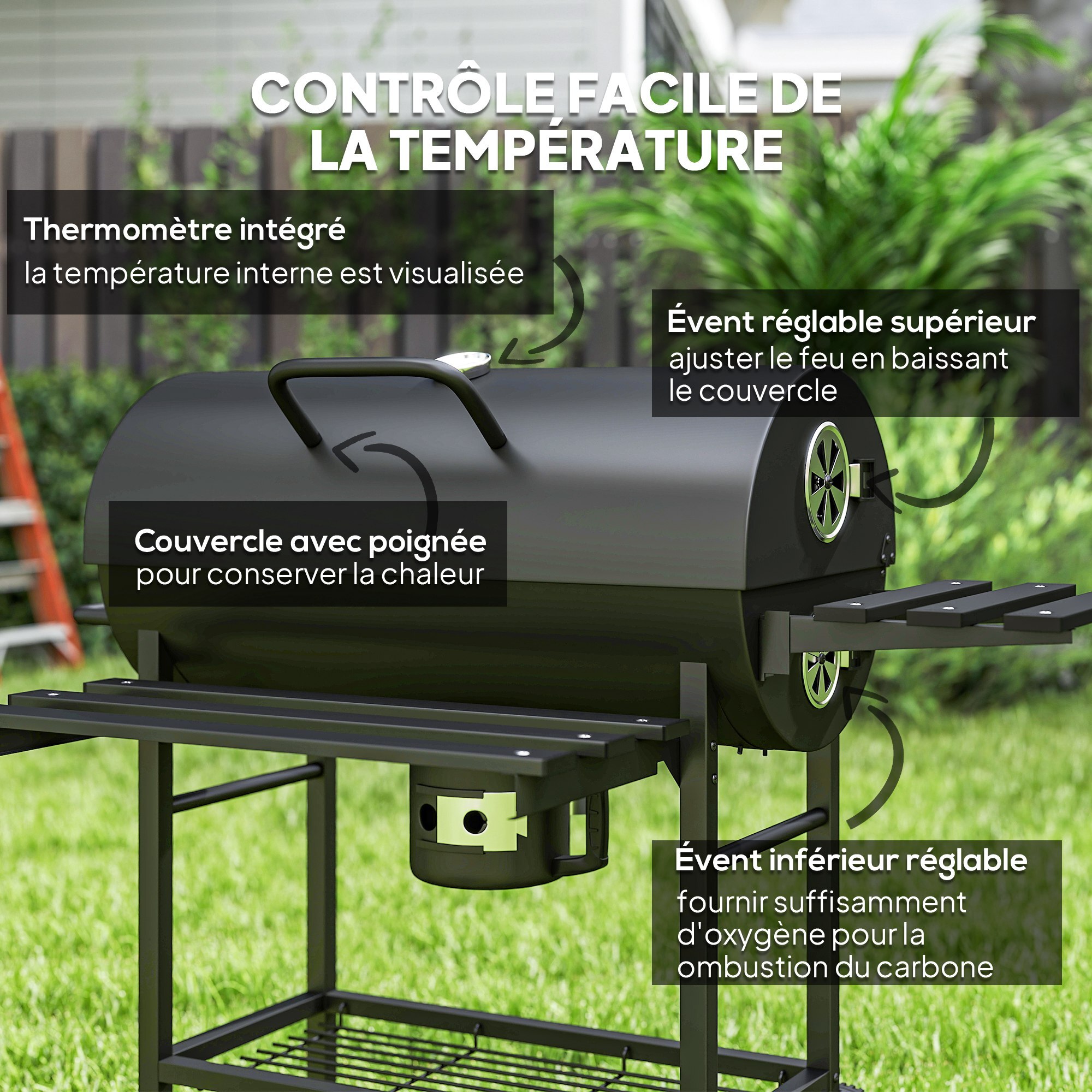 Barbecue charbon de bois avec couvercle 2 roues - 2 tablettes pliables, étagère, thermomètre - acier noir