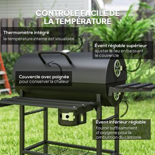 Barbecue charbon de bois avec couvercle 2 roues - 2 tablettes pliables, étagère, thermomètre - acier noir