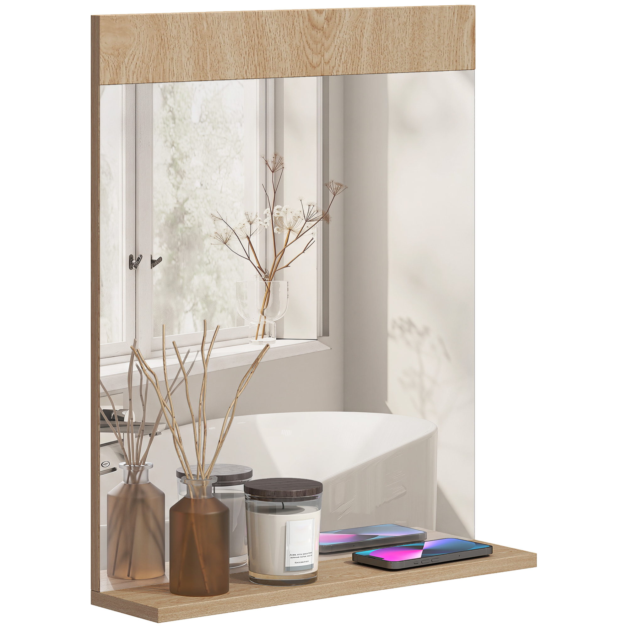 Espejo de Baño Espejo de Pared con Estante Abierto Espejo para Entrada Pasillo 50x12x60 cm Roble