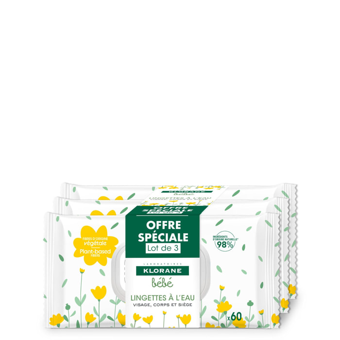 Bébé - Trio Lingettes à l'Eau Visage Corps et Siège 3 x 60 unités
