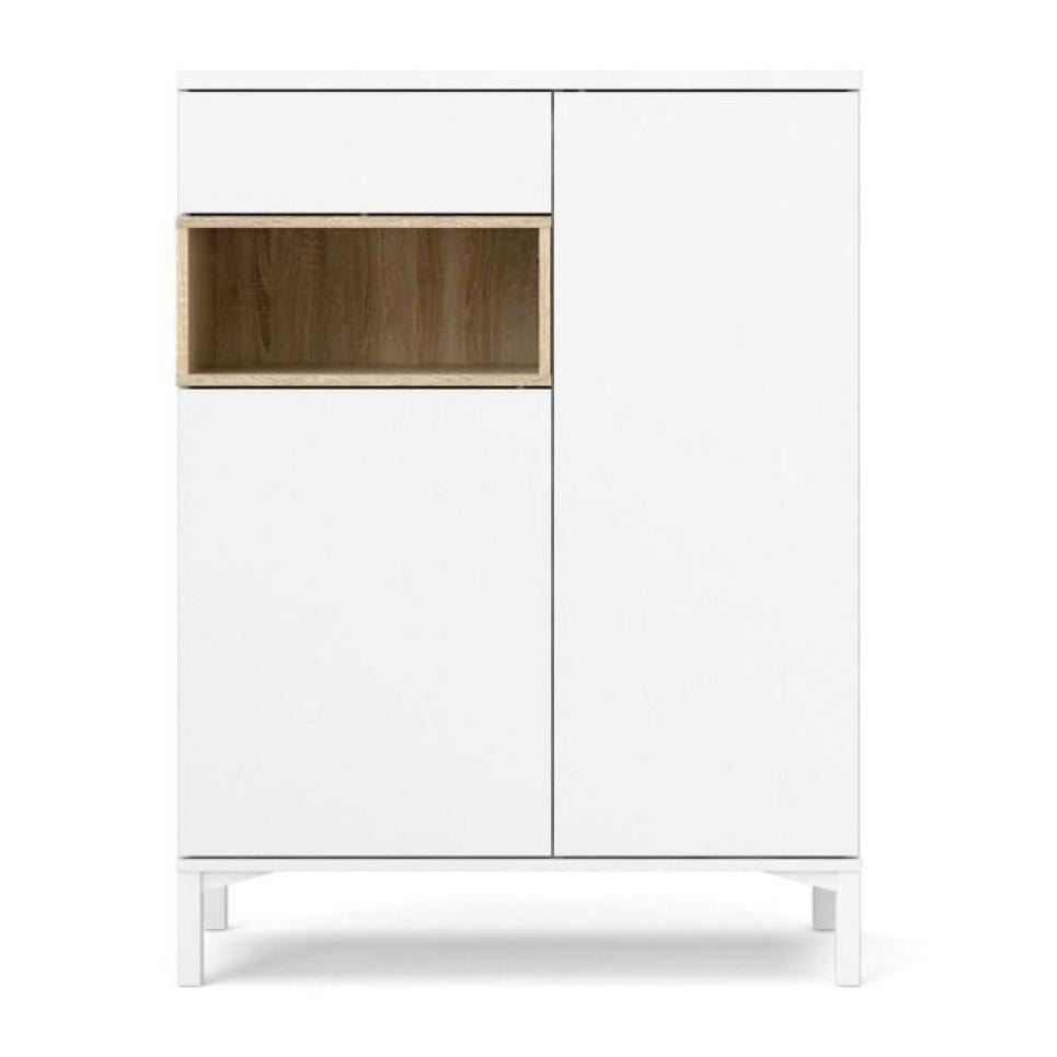 Credenza a due ante e un cassetto, colore bianco con un vano di colore rovere, Misure 88 x 118 x 36 cm