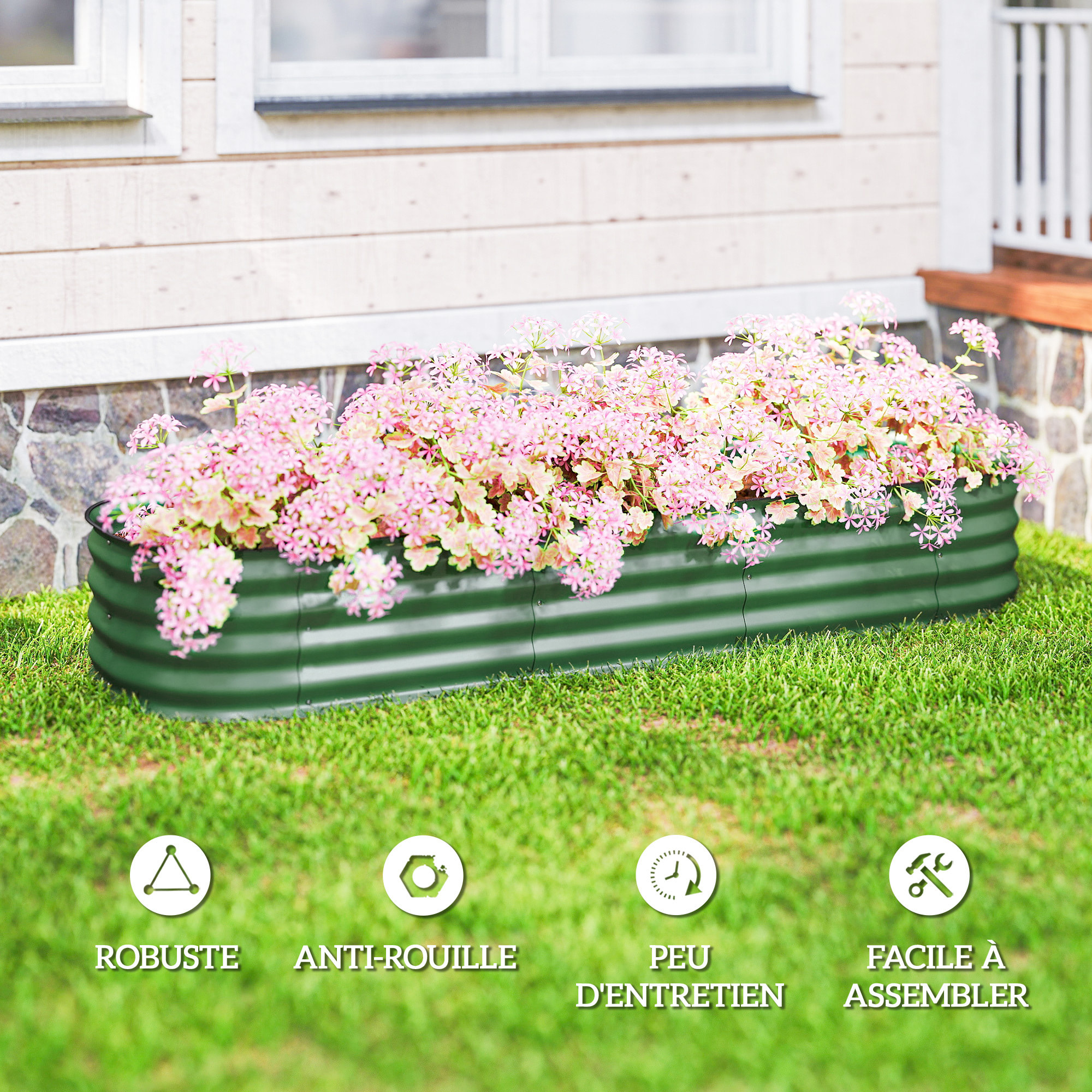 Carré potager de jardin dim. 195L x 62l x 30H cm modulable tôle d'acier ondulée vert